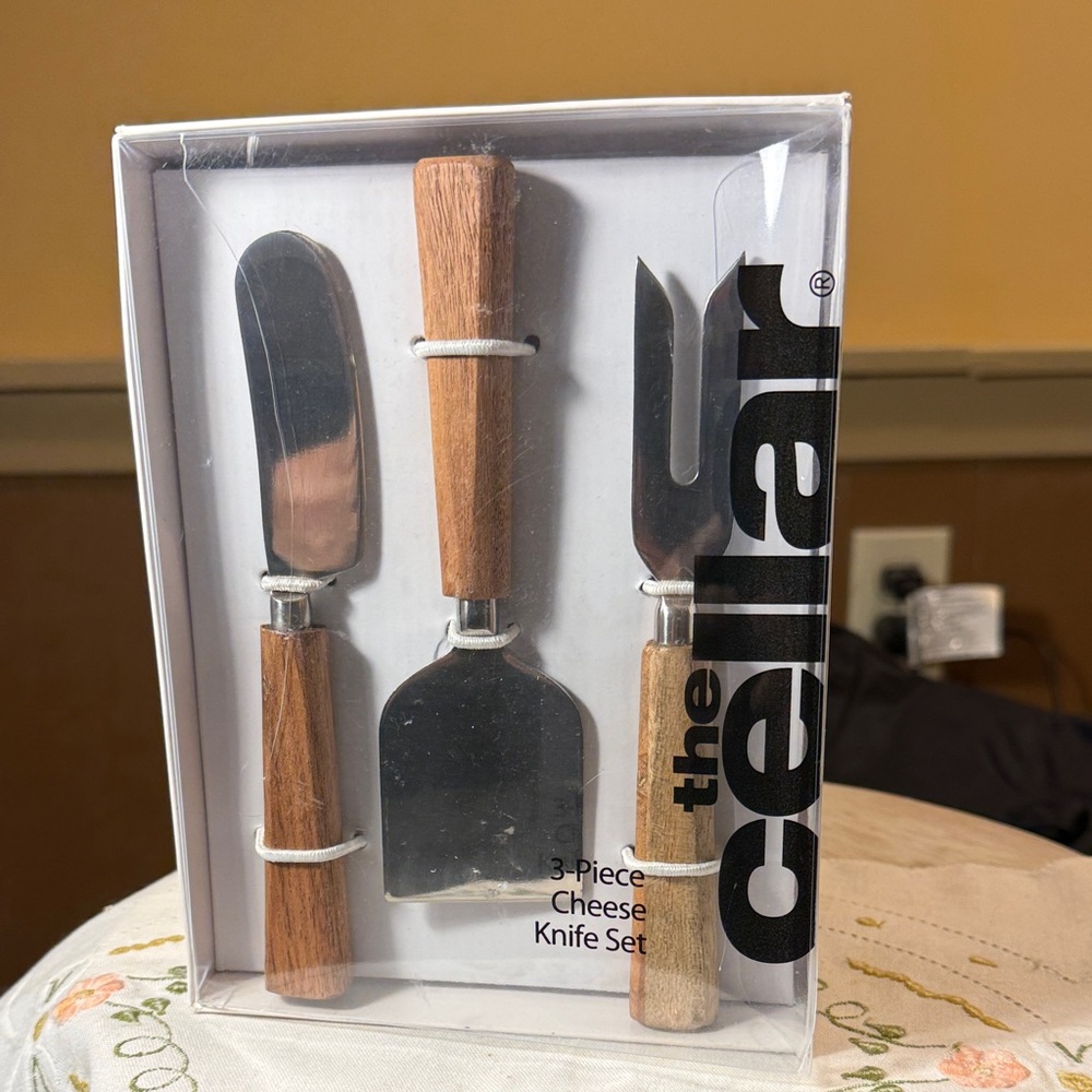 NIB 6 The Cellar 3pc Rustic Wood Stainless Steel Cheese Knife Charcuterie Set